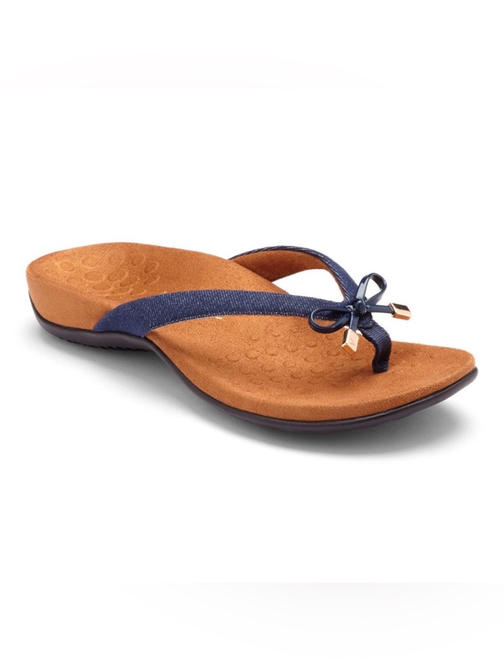 Vionic Bella Navy and Tan Thong Slide with Bow Accent